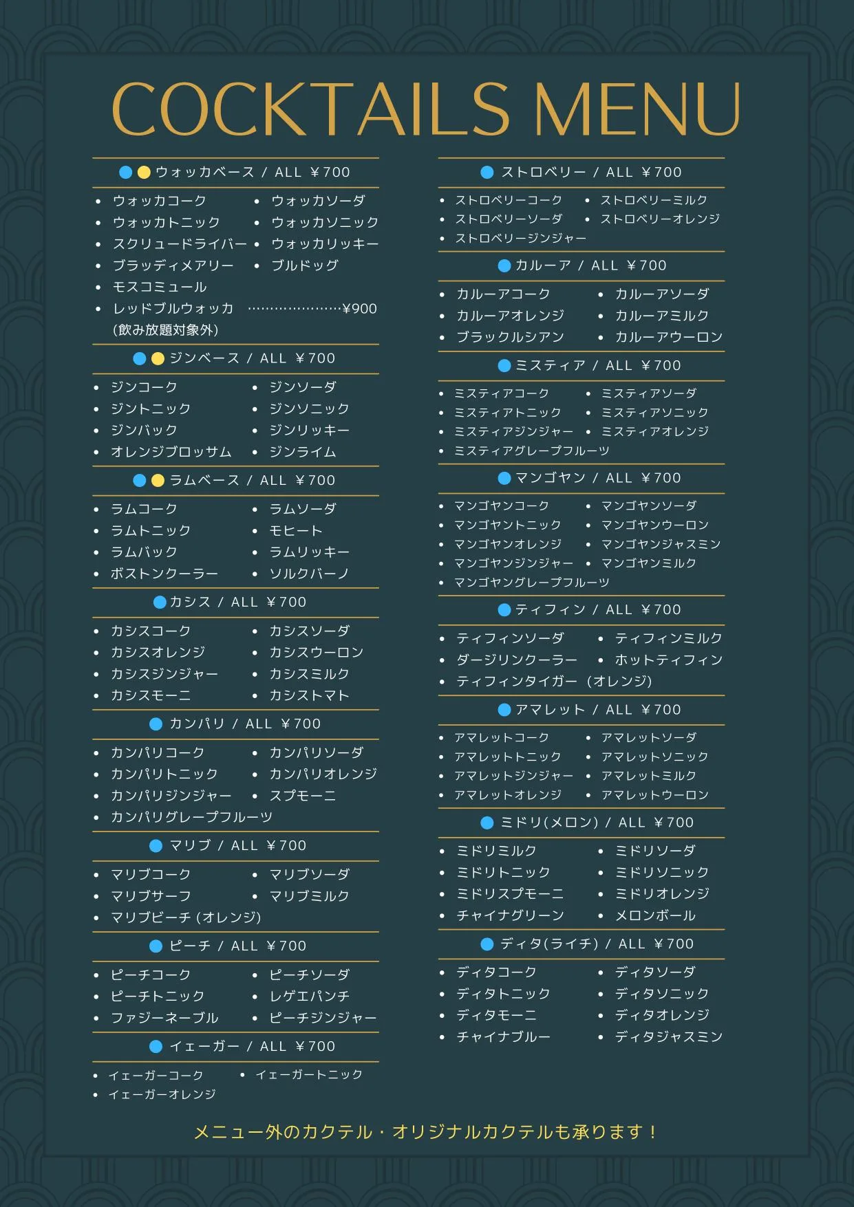 新宿EDENのカクテルメニュー。ウォッカ、ジン、ラム、カシス、カンパリ、マリブ、ピーチ、イエーガー、ストロベリー、カルーア、ミスティア、マンゴヤン、ディタ、アマレット、ミドリ、チャイナブルーなど。